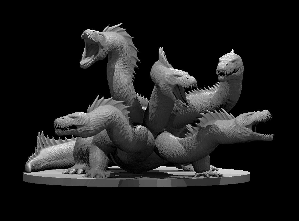 Grey resin digital render of a five-headed hydra miniature by MZ4250, shown in a coiled stance on an oval base with all five jaws open and dorsal spines visible along the scaled body
