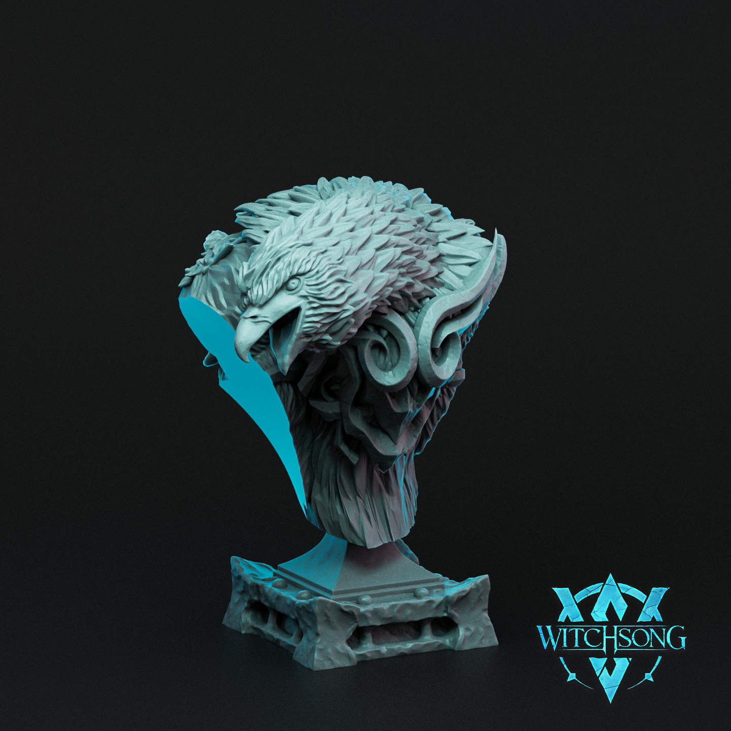 Digital render of the Hydra Sphinx Head Bust by Witchsong Miniatures — an unpainted grey resin display bust featuring a fierce eagle-headed sphinx face with a hooked beak, dense layered feather crest, curling ram-style horns, and a skull-like lower jaw, mounted on a square ornate stone plinth with geometric relief detailing, shown against a dark background