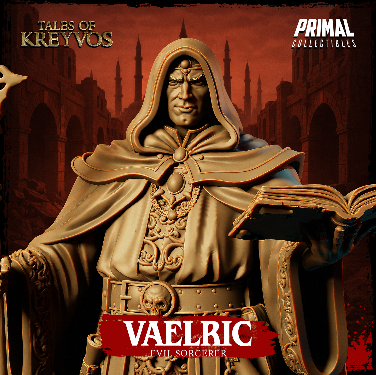 Vaelric Evil Sorcerer miniature at a three-quarter angle, deep hood framing a stern face, reading from an open book held outward, intricate chainwork visible across the waist, tall staff planted beside him. Sculpt by Primal Collectibles.