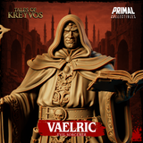 Vaelric Evil Sorcerer miniature at a three-quarter angle, deep hood framing a stern face, reading from an open book held outward, intricate chainwork visible across the waist, tall staff planted beside him. Sculpt by Primal Collectibles.