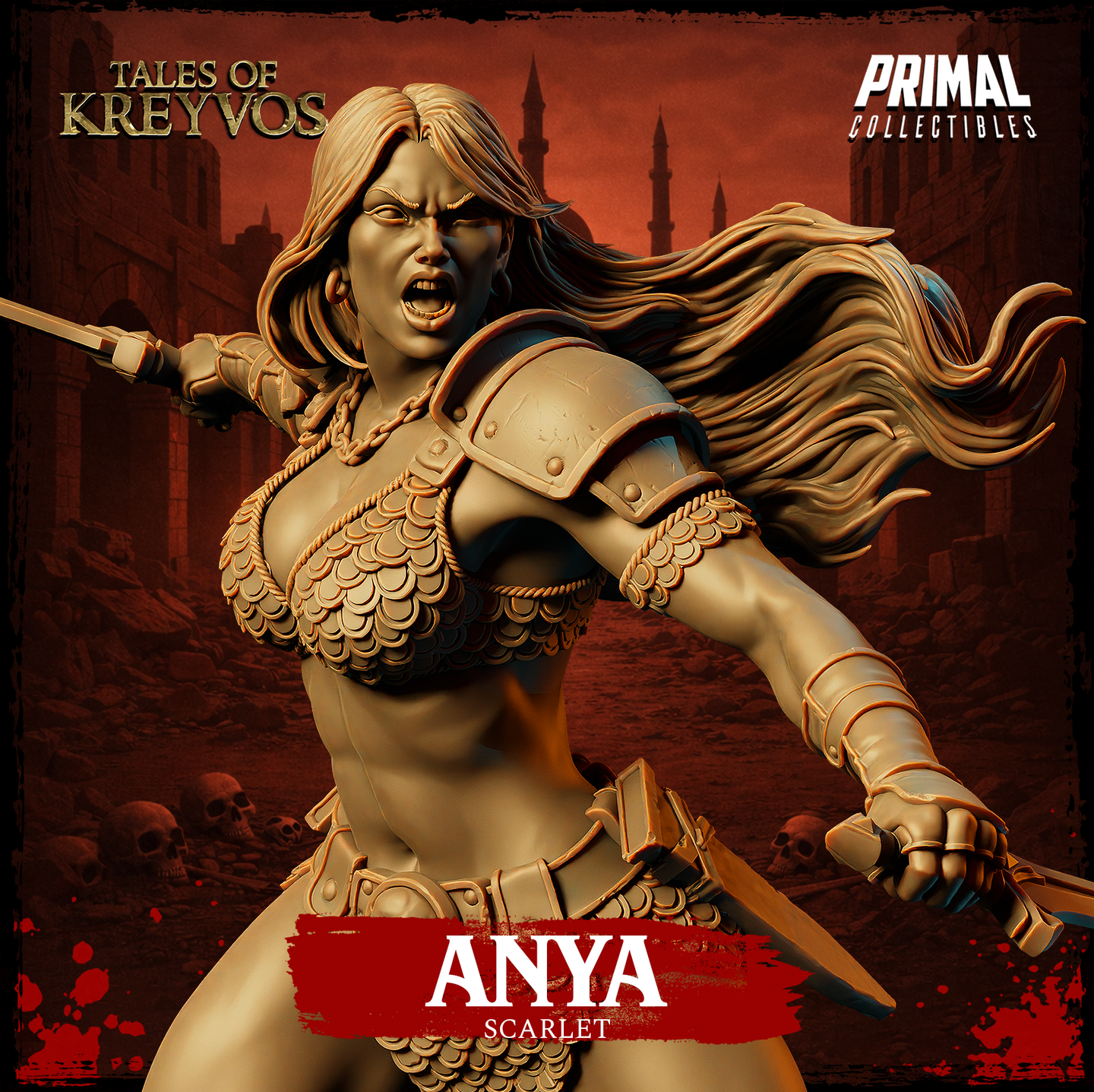 Anya Scarlet barbarian by Primal Collectibles: three-quarter rear angle showing long flowing hair, scale-mail back and shoulder armour, both blades raised, muscular pose over a rubble and shattered wood scenic base.