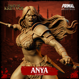 Anya Scarlet barbarian by Primal Collectibles: three-quarter rear angle showing long flowing hair, scale-mail back and shoulder armour, both blades raised, muscular pose over a rubble and shattered wood scenic base.
