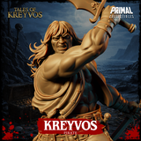 Rear view of a muscular pirate warrior with flowing hair, broad sword raised in right hand and dagger in left, standing on a barrel and ship-timber base with coiled rope and skeletal remains. Primal Collectibles.