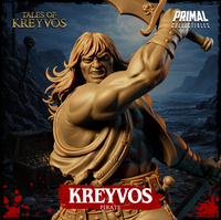 Rear view of a muscular pirate warrior with flowing hair, broad sword raised in right hand and dagger in left, standing on a barrel and ship-timber base with coiled rope and skeletal remains. Primal Collectibles.