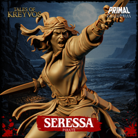 Seressa the pirate leaning into a wide stance, right arm extended and pointing forward, wind-tossed hair and bandana, standing on a barrel and rope-strewn deck base. Primal Collectibles.