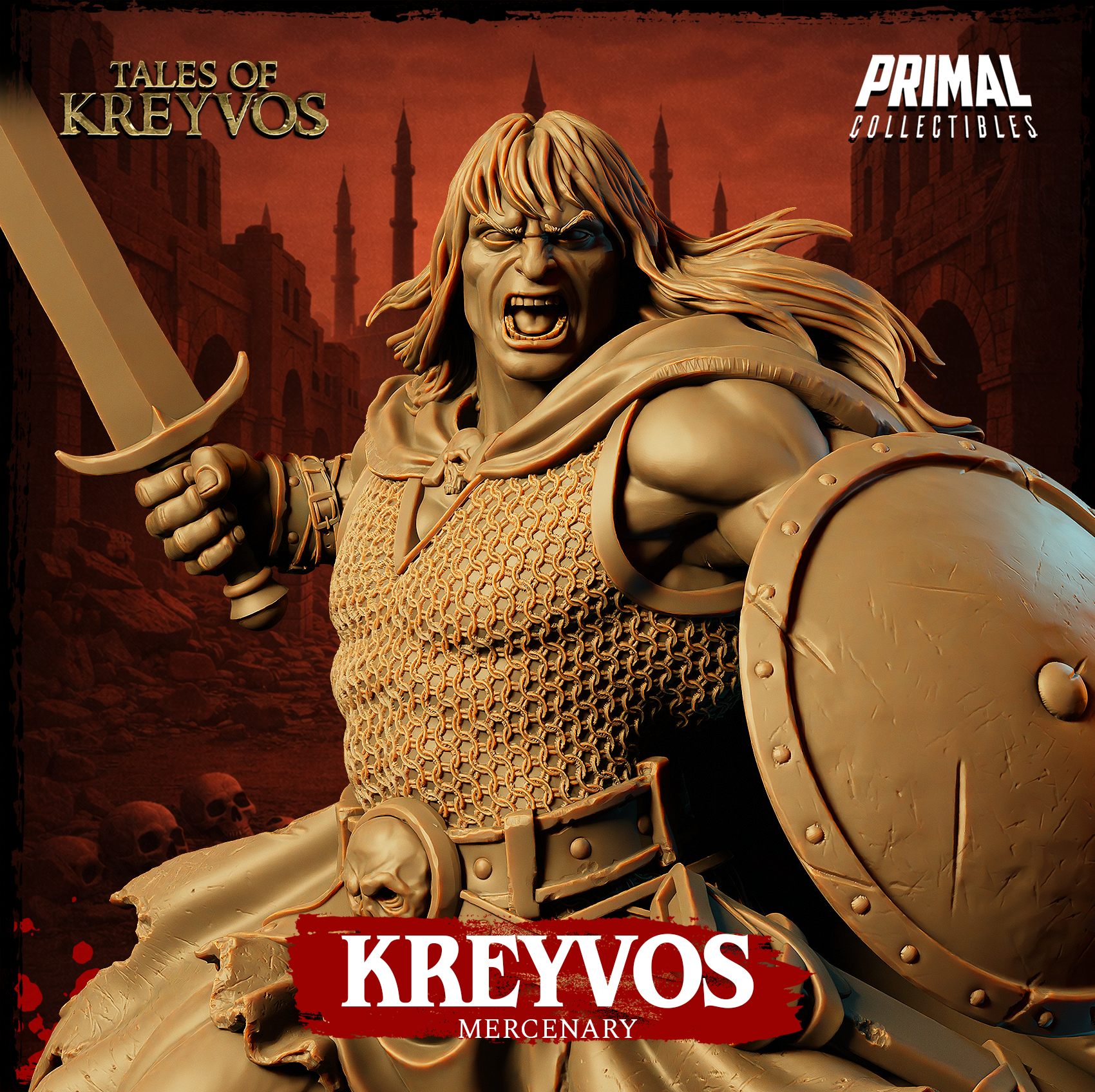 Barbarian warrior miniature with long flowing hair, mouth open in a battle cry, holding a longsword aloft and gripping a worn round shield, skull-head war axe hanging at left side, wearing chainmail and a ragged cloak. Scenic stone rubble base. Sculpt by Primal Collectibles.