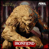 Close-up of the Ironfiend's face showing deep-set eyes, flared nostrils, layered mane fur, and rows of bared teeth in a wide-open roar. Heavy brow and muscular neck visible. Sculpt by Primal Collectibles.
