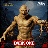 Gaunt demon leaning forward aggressively, web-strung clawed hand extended, bald head with swept-back ears and fangs bared, tattered loincloth and leather arm bindings. Sculpt by Primal Collectibles.