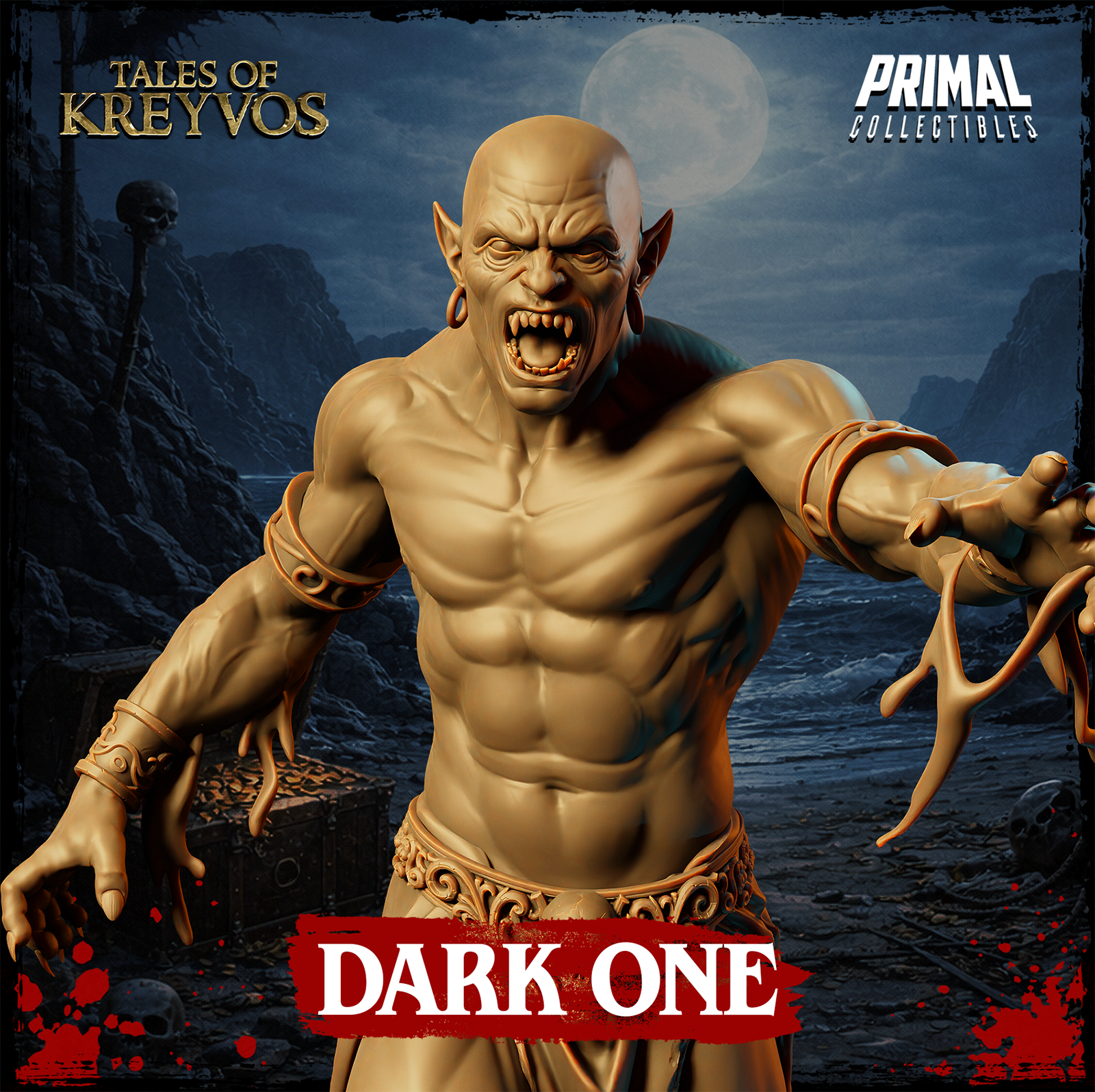 Gaunt demon leaning forward aggressively, web-strung clawed hand extended, bald head with swept-back ears and fangs bared, tattered loincloth and leather arm bindings. Sculpt by Primal Collectibles.