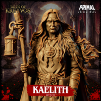 Close-up of Kaelith the Witch's head and torso showing her heavy-browed, grim expression, long flowing hair over a fur-trimmed cloak, and a large circular medallion at her chest. Sculpt by Primal Collectibles.