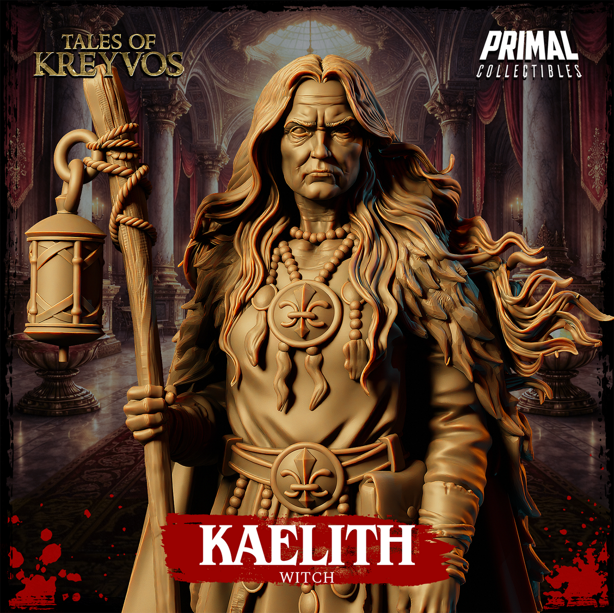 Close-up of Kaelith the Witch's head and torso showing her heavy-browed, grim expression, long flowing hair over a fur-trimmed cloak, and a large circular medallion at her chest. Sculpt by Primal Collectibles.