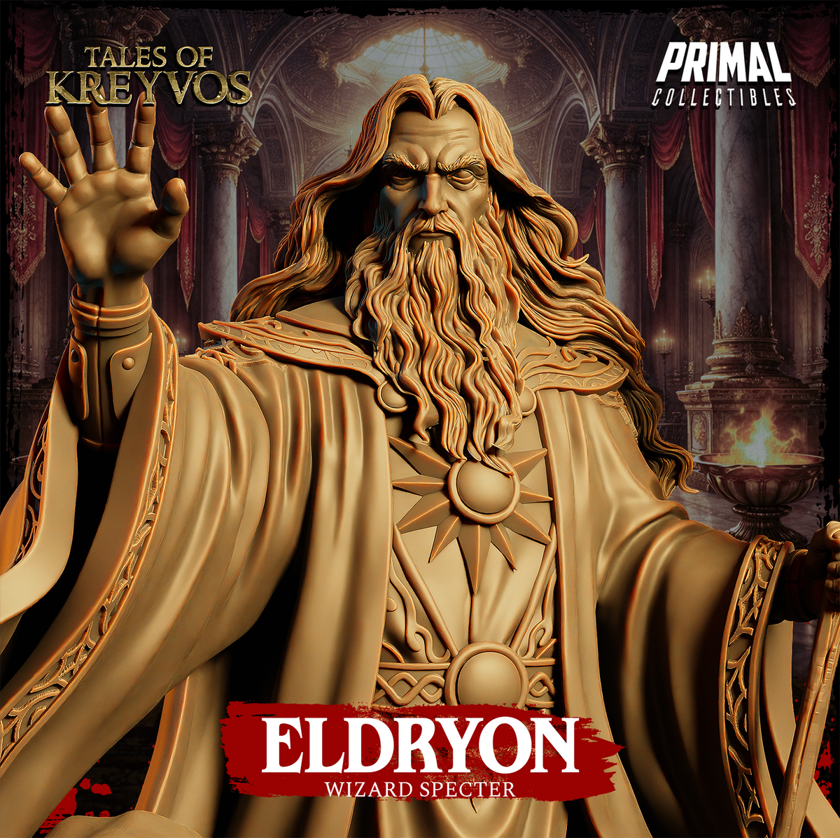 Close-up of Eldryon by Primal Collectibles showing detailed long beard, furrowed brow, layered robes with ornate trim, and an outstretched grasping hand reaching toward the viewer.