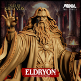 Close-up of Eldryon by Primal Collectibles showing detailed long beard, furrowed brow, layered robes with ornate trim, and an outstretched grasping hand reaching toward the viewer.
