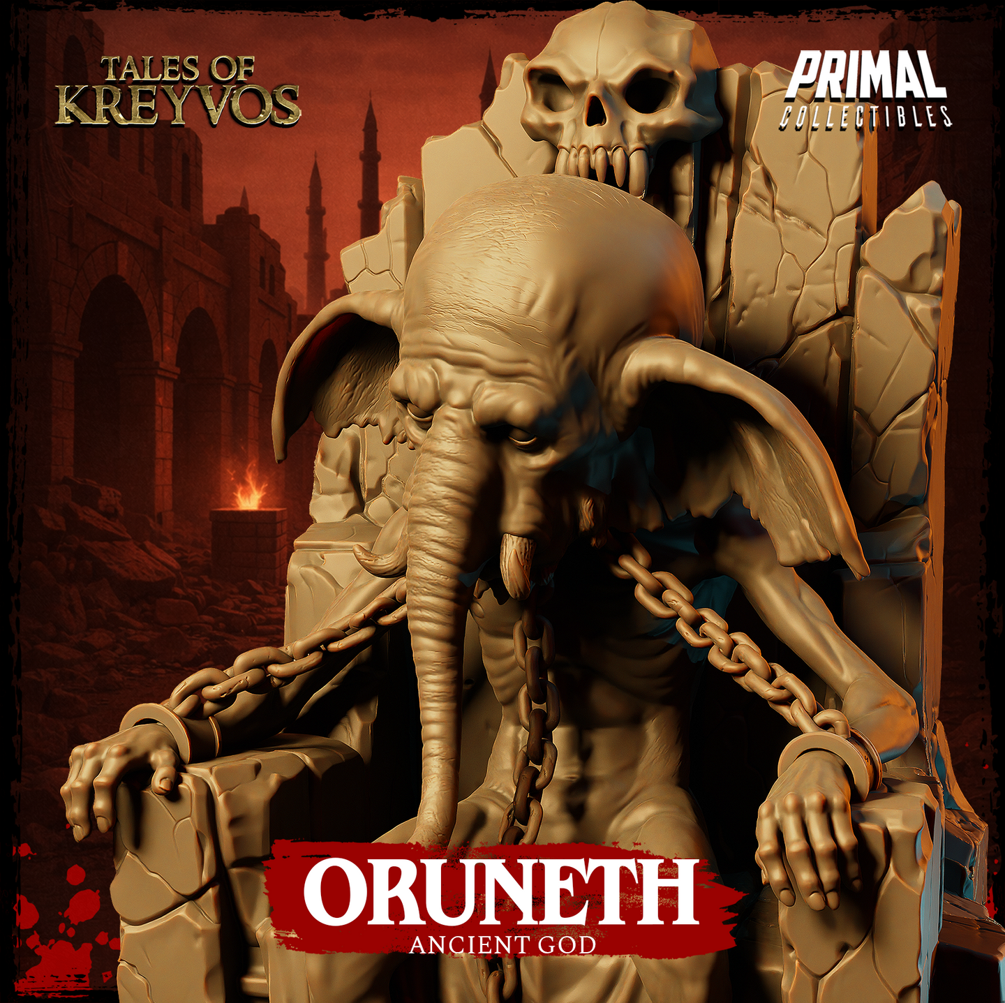 Oruneth Ancient God miniature by Primal Collectibles — closer view showing the elongated elephant skull head with broad ears and downward-curling trunk, sunken chest, and claw-tipped hands resting on the throne's crumbling armrests.