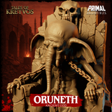 Oruneth Ancient God miniature by Primal Collectibles — closer view showing the elongated elephant skull head with broad ears and downward-curling trunk, sunken chest, and claw-tipped hands resting on the throne's crumbling armrests.