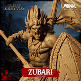 Warrior seen from behind-left, massive oval shield dominating the view, tattered skull-and-crossbones flag rising above his feathered headdress, spear tip visible at his side, rope detailing across waist and ankles on a planked base. Sculpt by Primal Collectibles.