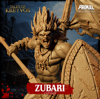 Warrior seen from behind-left, massive oval shield dominating the view, tattered skull-and-crossbones flag rising above his feathered headdress, spear tip visible at his side, rope detailing across waist and ankles on a planked base. Sculpt by Primal Collectibles.