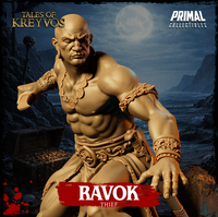Muscular bald thief in a wide combat stance holding a short blade forward, coin necklace and engraved bracers visible across both wrists, balanced over a rubble-strewn scenic base with spilled coins and a cracked chest. Sculpt by Primal Collectibles.