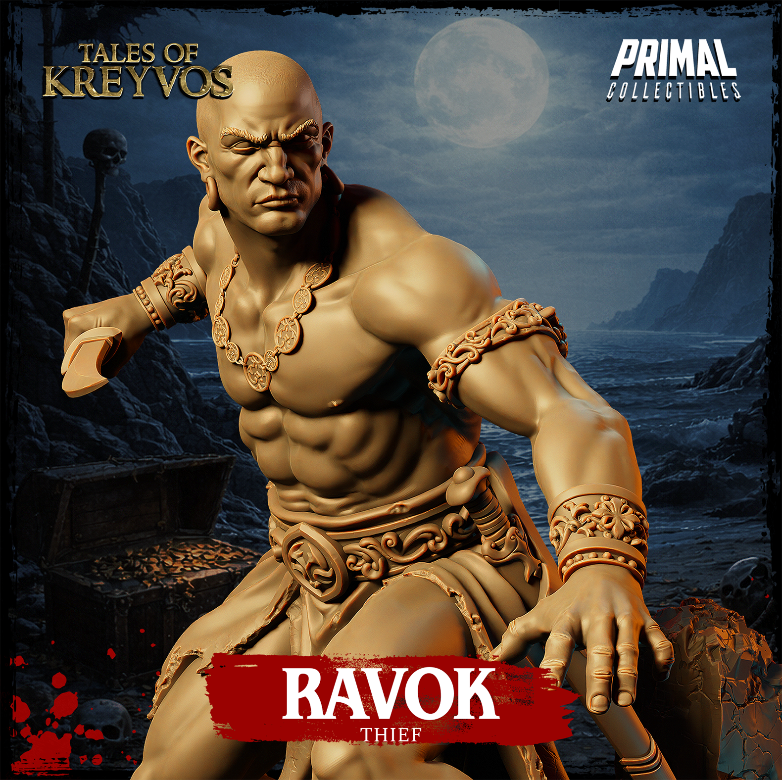 Muscular bald thief in a wide combat stance holding a short blade forward, coin necklace and engraved bracers visible across both wrists, balanced over a rubble-strewn scenic base with spilled coins and a cracked chest. Sculpt by Primal Collectibles.