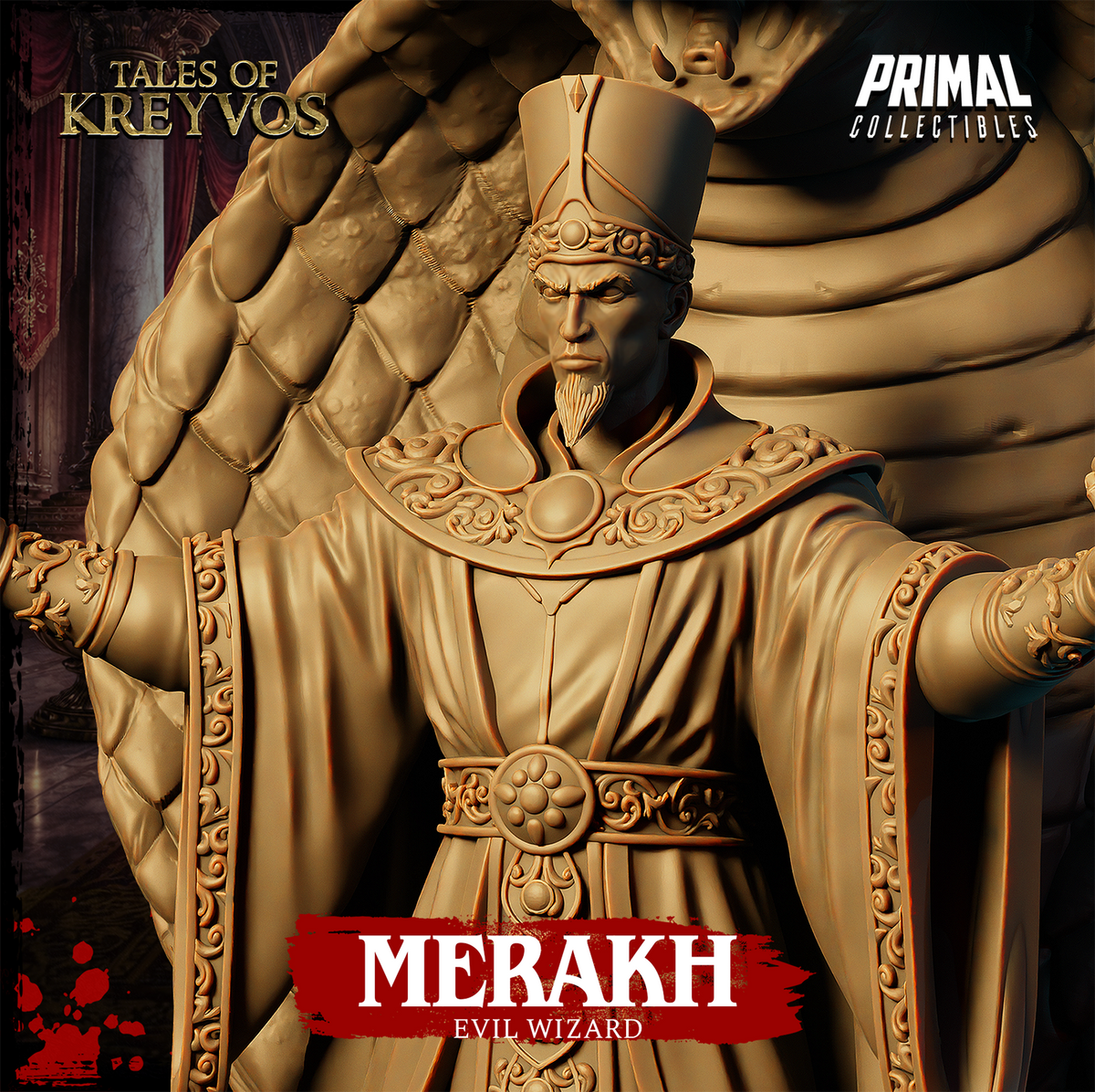 Close-up of Merakh Evil Wizard by Primal Collectibles — sharp-featured face with thin beard and heavy brow beneath a jewelled cylindrical crown, richly sculpted filigree collar medallion, coiled cobra scales visible rising behind the figure.