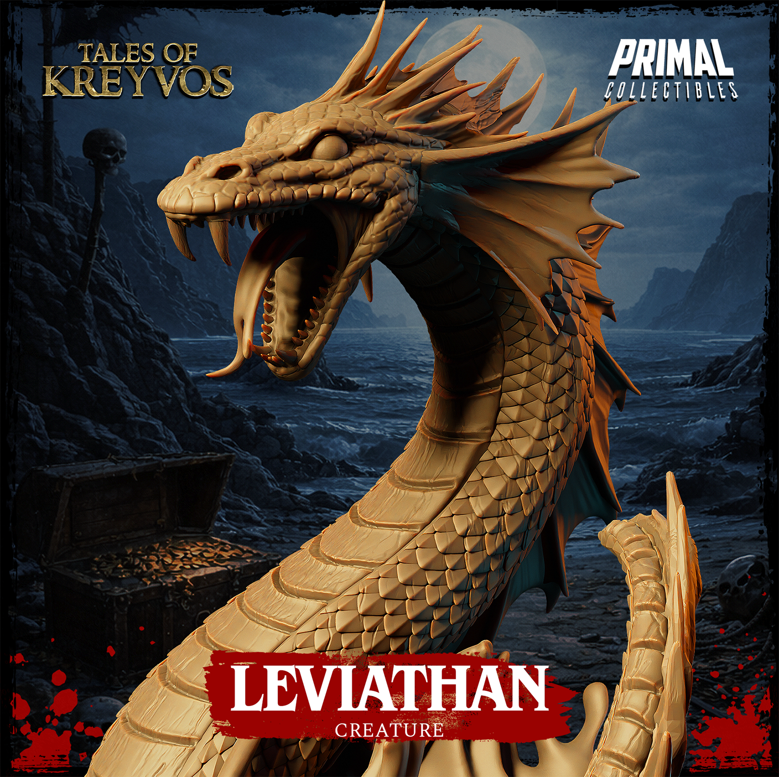 Leviathan serpent miniature with elongated neck raised high, rows of fangs visible, body coiling tightly, smaller foreleg claw visible beside churning foam base. By Primal Collectibles.