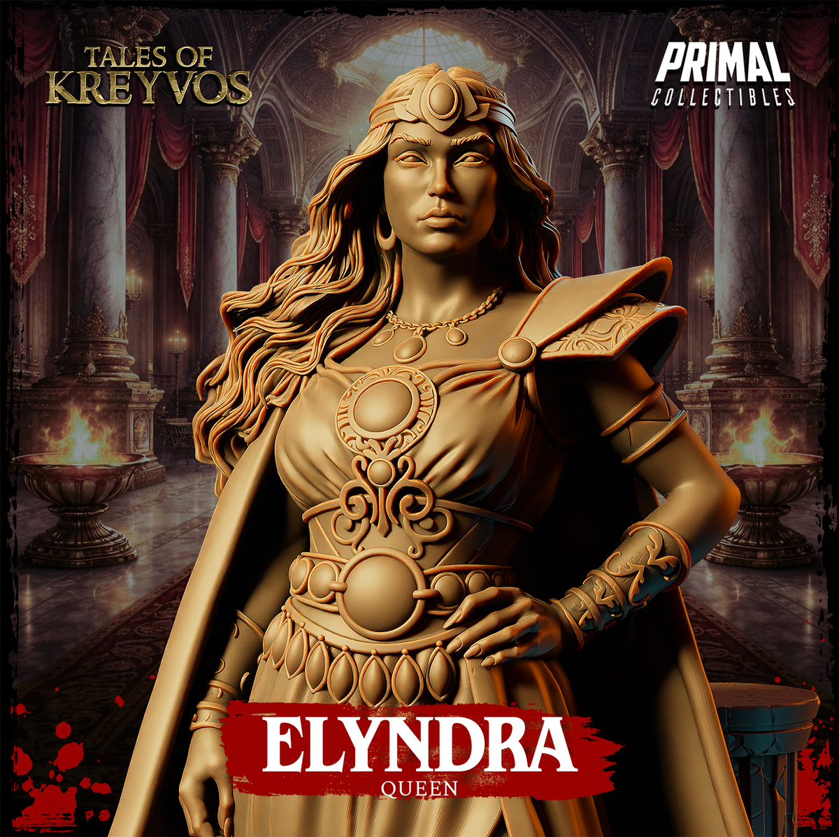 Close-up of Queen Elyndra's upper body showing the engraved disc medallion, scrollwork corset belt, armoured pauldrons with stud detailing, chain necklace, and jewel-set crown above flowing hair. Primal Collectibles.