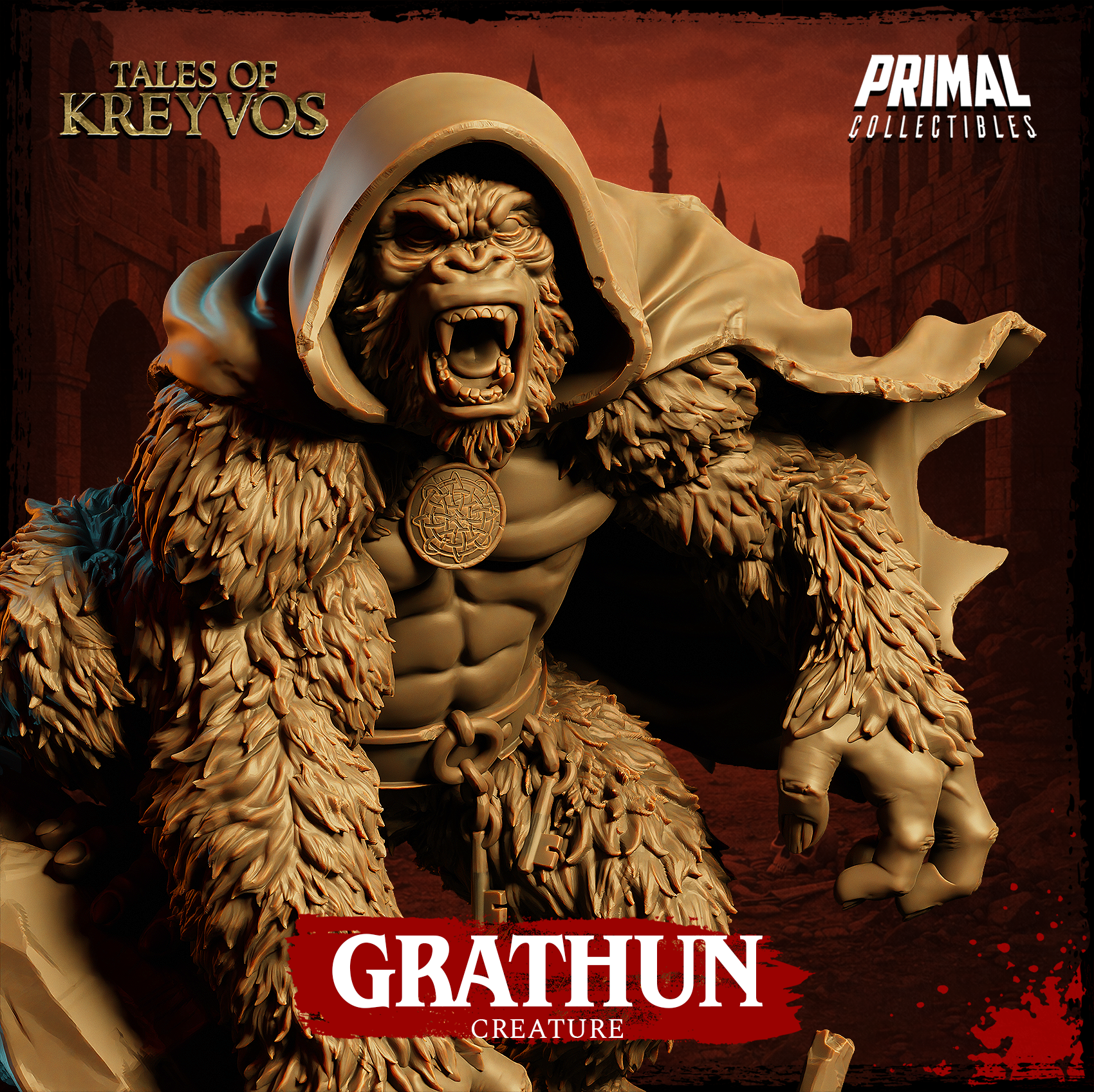 Grathun miniature viewed from a raised angle showing the hooded cloak draped across the back, mouth open mid-roar, clawed hand raised, scattered skulls and broken stone on the base. By Primal Collectibles.