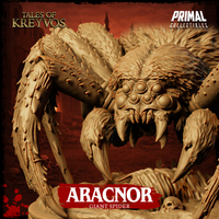 Close front view of Aracnor by Primal Collectibles — cluster of compound eyes and downward-curving fangs dominate, with coarse fur texture across the cephalothorax and a cocooned figure beneath the body.