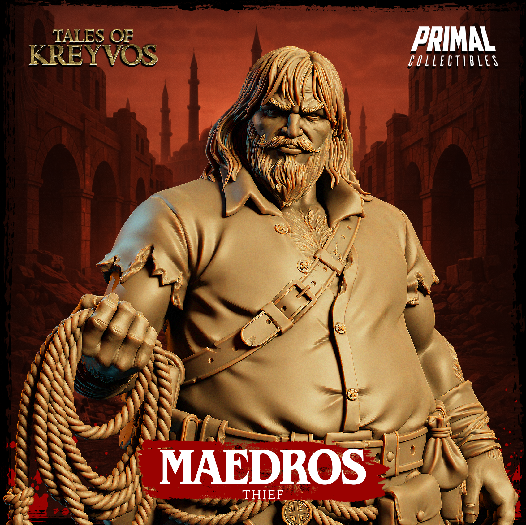 Maedros the Thief turned three-quarters left — broad-shouldered figure gripping a coiled rope and iron grappling hook, belt pouches and crossbody strap clearly visible. Sculpt by Primal Collectibles.