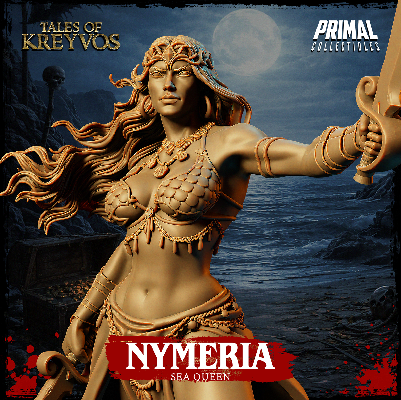 Nymeria Sea Queen by Primal Collectibles — three-quarter rear perspective showing wind-swept hair, a flowing split skirt with gold chain belt, scale armour back detail, and the rope-wrapped timber of the sculpted ship prow base beneath her feet.