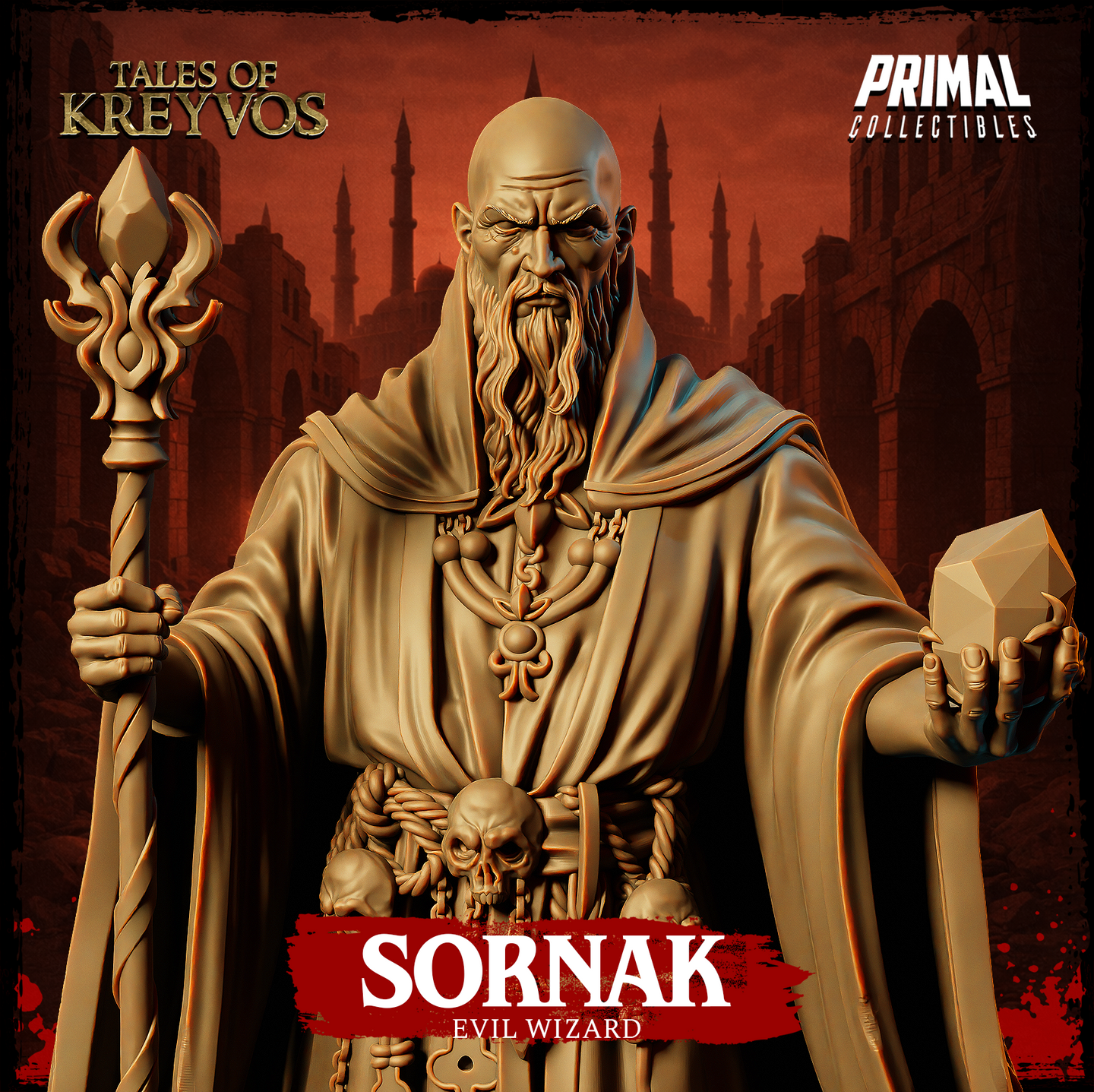 Evil wizard with shaven head and long beard, gripping a twisted forked staff at his side, one hand raised open towards the viewer, robes flowing outward, skull and key chain belt visible at the waist. Sculpt by Primal Collectibles.