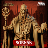 Evil wizard with shaven head and long beard, gripping a twisted forked staff at his side, one hand raised open towards the viewer, robes flowing outward, skull and key chain belt visible at the waist. Sculpt by Primal Collectibles.