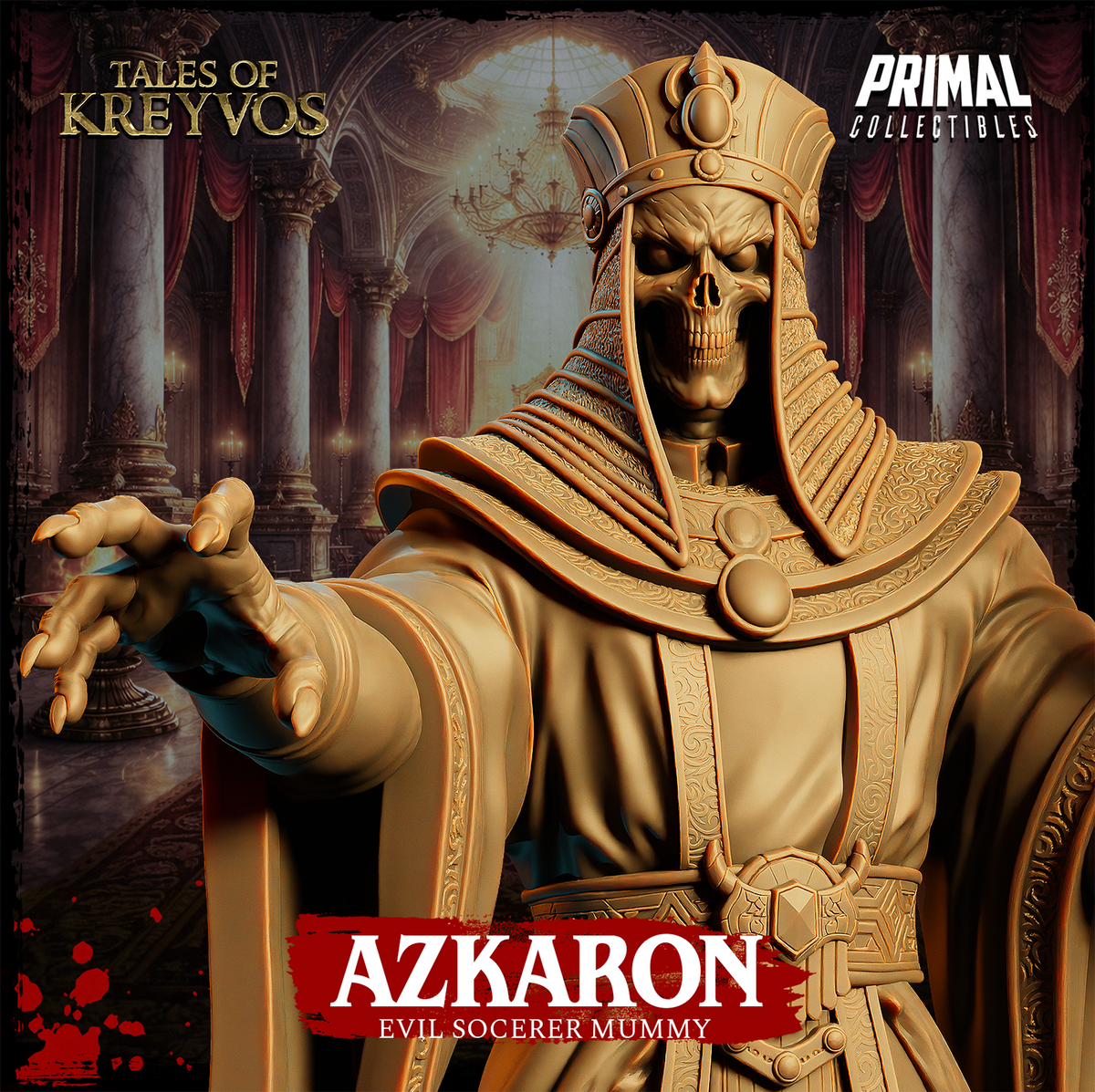 Close-up of Azkaron's skeletal skull face framed by a large decorated collar and pharaonic crown, one clawed hand reaching forward, deep robe detailing visible across the chest. Sculpt by Primal Collectibles.