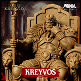 Close-up of Kreyvos's head and upper torso — broad-featured face with beard, furrowed brow, horned circlet, layered fur and feathered shoulder armour, one fist raised to his jaw. Sculpt by Primal Collectibles.
