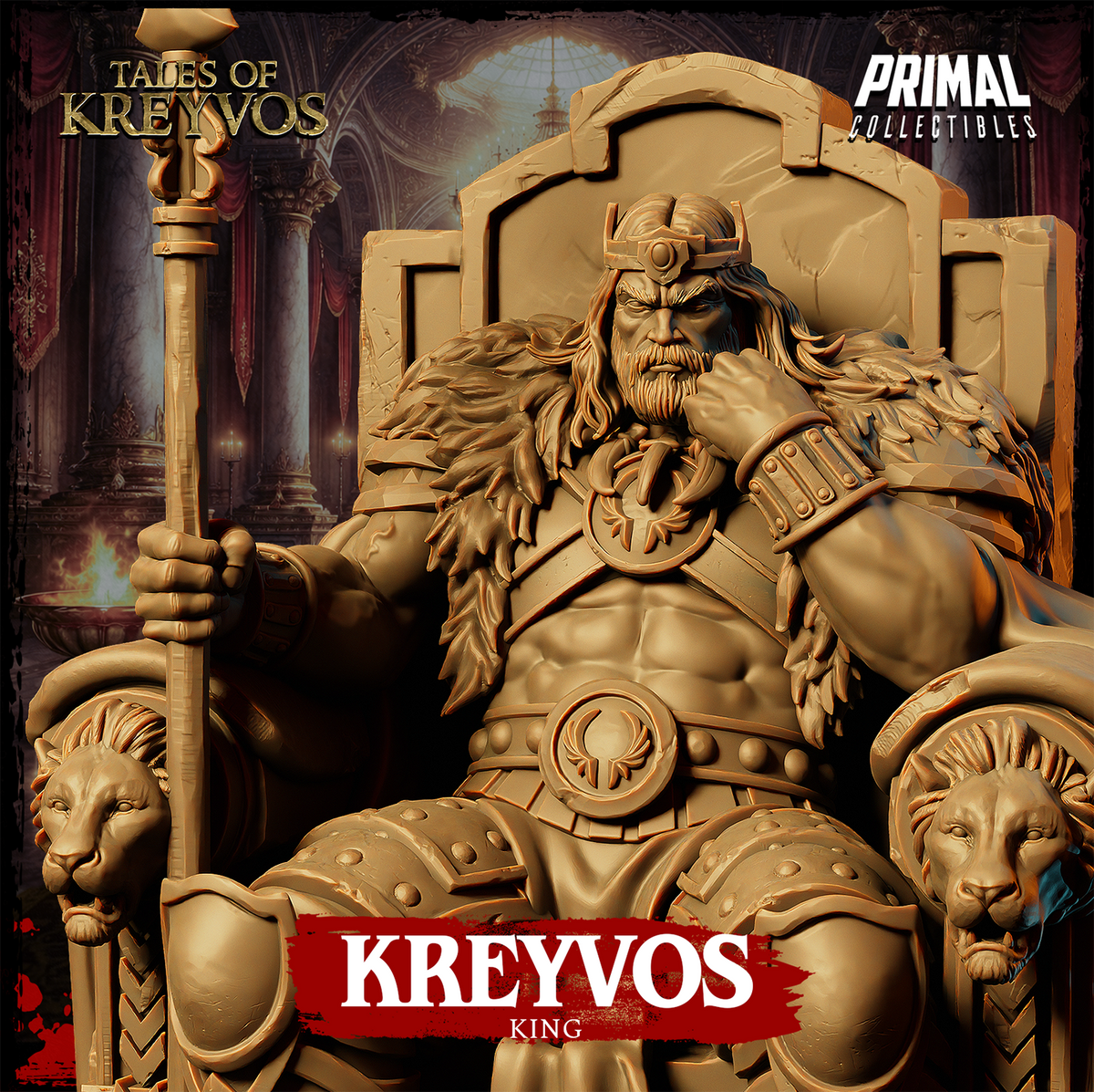 Close-up of Kreyvos's head and upper torso — broad-featured face with beard, furrowed brow, horned circlet, layered fur and feathered shoulder armour, one fist raised to his jaw. Sculpt by Primal Collectibles.