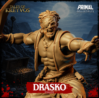 Pirate miniature leaning forward aggressively, cutlass thrust outward at chest height, grasping hand extended toward the viewer, wearing a tattered open vest and rope-wrapped sandals. Skull-and-rope scenic base. Sculpt by Primal Collectibles.