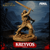 Savage bare-chested pirate raising a long sword high, wearing a studded belt and tattered trousers, snarling expression, posed on a weathered deck base scattered with bones and rope. Primal Collectibles.