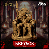 Kreyvos seated on a lion-flanked throne, gripping a tall war-spear, wearing feathered pauldrons, horned circlet, and heavy plate armour with a central emblem. Sculpt by Primal Collectibles.
