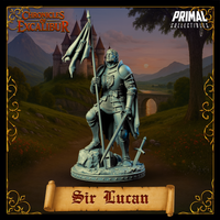Digital render of Sir Lucan, an unpainted grey resin 32mm knight miniature from Chronicles of Excalibur by Primal Collectibles. He stands in a composed, three-quarter-facing pose, wearing layered plate armour over chainmail with a belted tunic and flowing cloak. His left hand grips a tall lance bearing a tattered pennant, his right hand rests near a longsword at his hip, and a second sword lies embedded in rubble at his feet. A fallen helm sits on the base among broken masonry. Background shows a fantasy ca