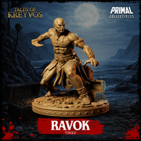 Bald, broad-shouldered thief crouching low with a claw-blade in his right hand, wearing a coin-link necklace, ornate bracers and a belted loincloth, one hand reaching toward a broken treasure chest on a gold-scattered base. Sculpt by Primal Collectibles.