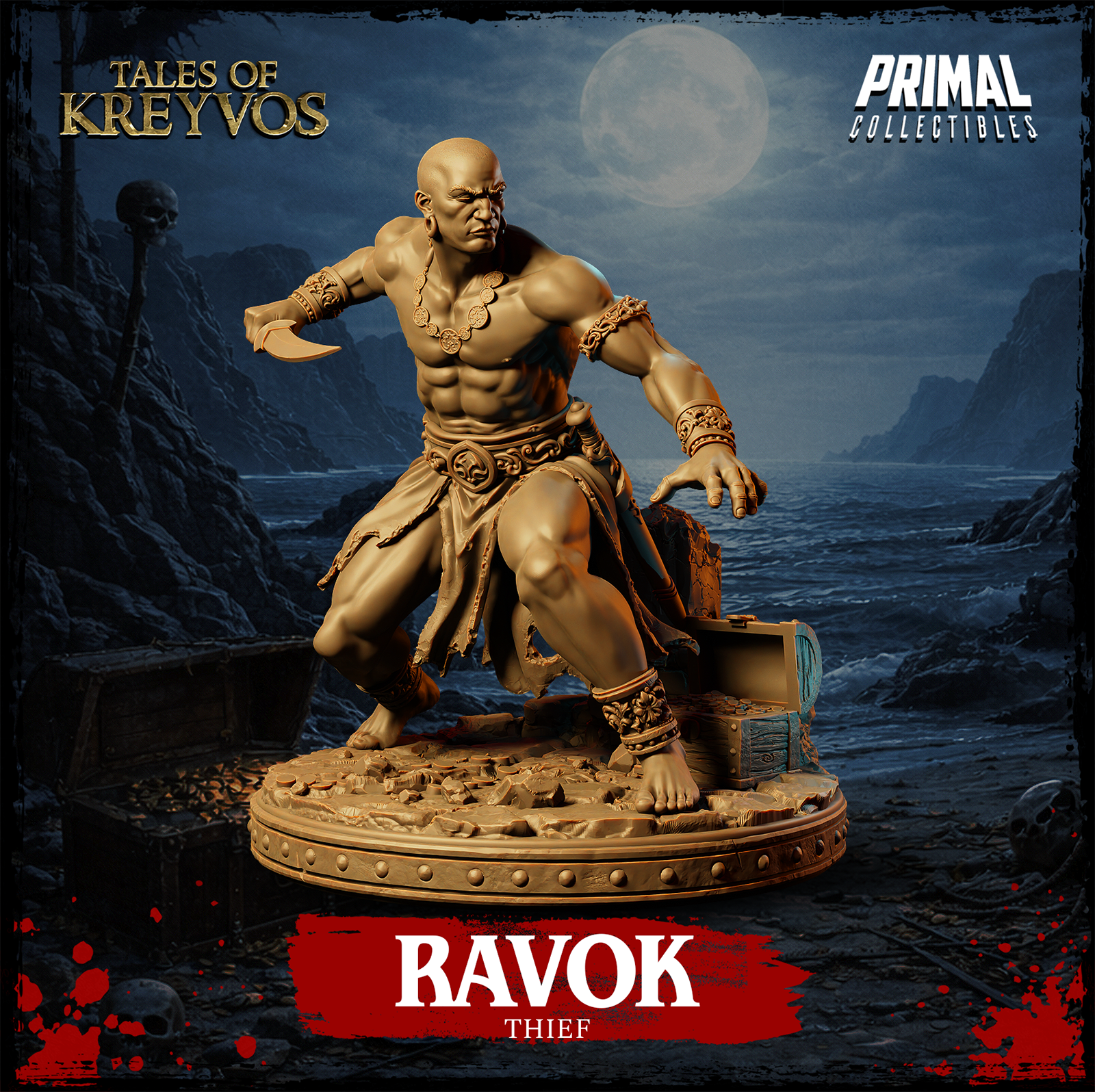 Bald, broad-shouldered thief crouching low with a claw-blade in his right hand, wearing a coin-link necklace, ornate bracers and a belted loincloth, one hand reaching toward a broken treasure chest on a gold-scattered base. Sculpt by Primal Collectibles.