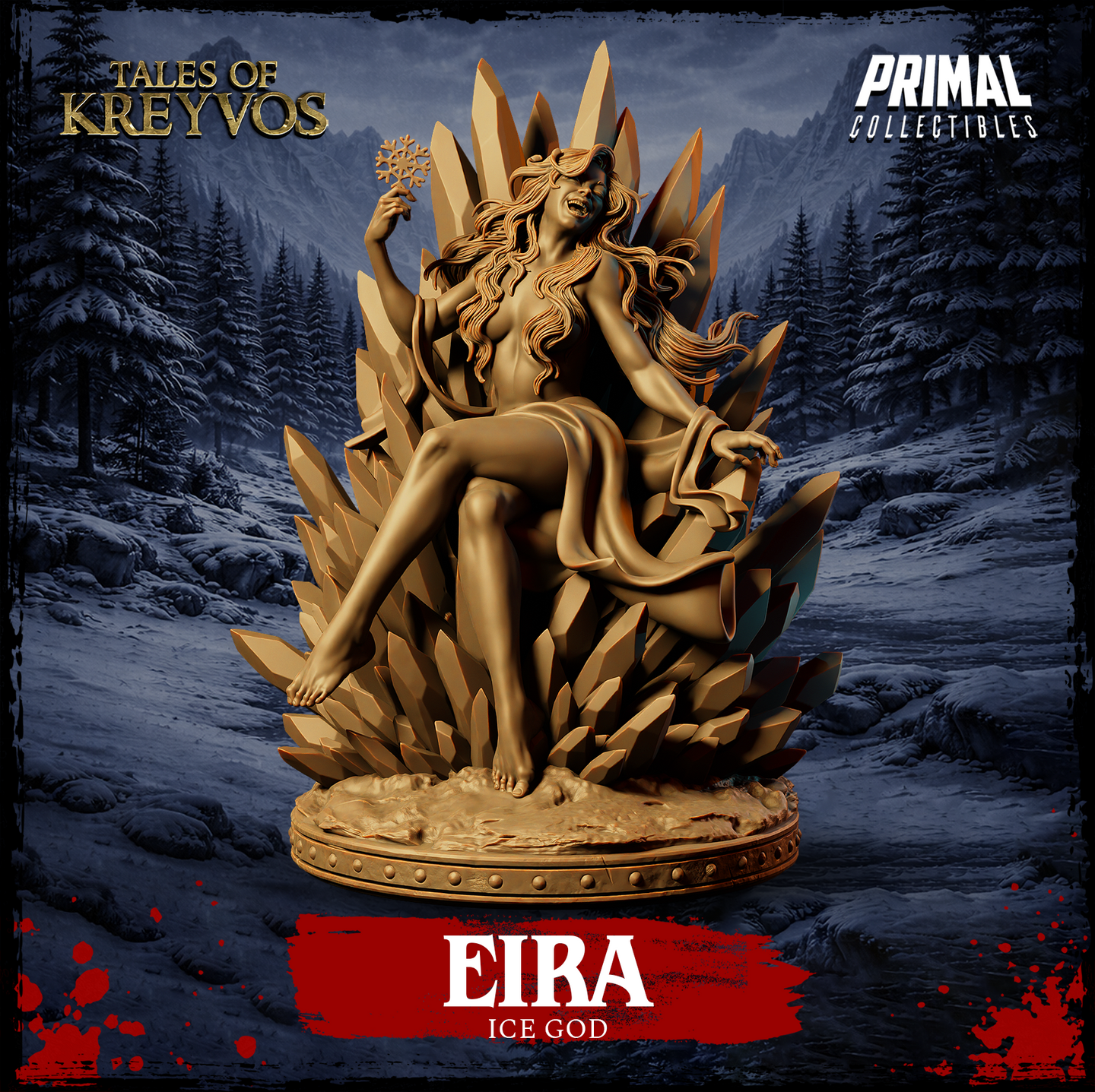 Front-left render of Eira the Ice God miniature from Tales of Kreyvos by Primal Collectibles — an unpainted golden resin sculpt of a laughing divine female figure seated on a jagged ice crystal throne, raising a snowflake sceptre in her right hand, hair flowing behind her
