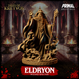 Eldryon Wizard Specter miniature by Primal Collectibles: bearded robed wizard raising one hand, gripping a crystal-tipped staff, rising from a swirling spectral mist scenic base.