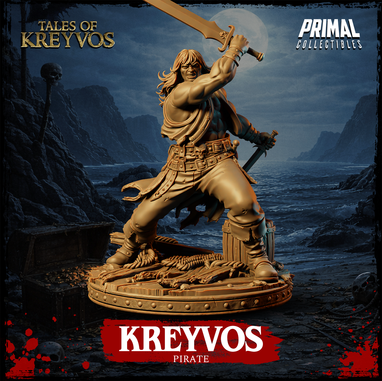 Muscular long-haired pirate warrior raising a broad sword overhead with his right hand, a short blade in his left, standing on a skull and bone-littered ship-timber base. Sculpt by Primal Collectibles.