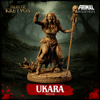 Ukara the swamp witch 32mm resin miniature — front view, lunging pose with clawed hand outstretched, mouth open in a curse, skull-topped skeleton staff in right hand, base scattered with skulls and marsh roots, unpainted tan resin, Tales of Kreyvos by Primal Collectibles