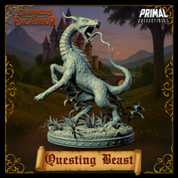 Digital render of the Questing Beast miniature from Chronicles of Excalibur — a chimeric creature with a scaled serpentine neck, open fanged jaws, forked tongue, curved horns, shaggy furred body, and coiling tail, rearing up on hind legs over a detailed naturalistic base with foliage and scattered stone