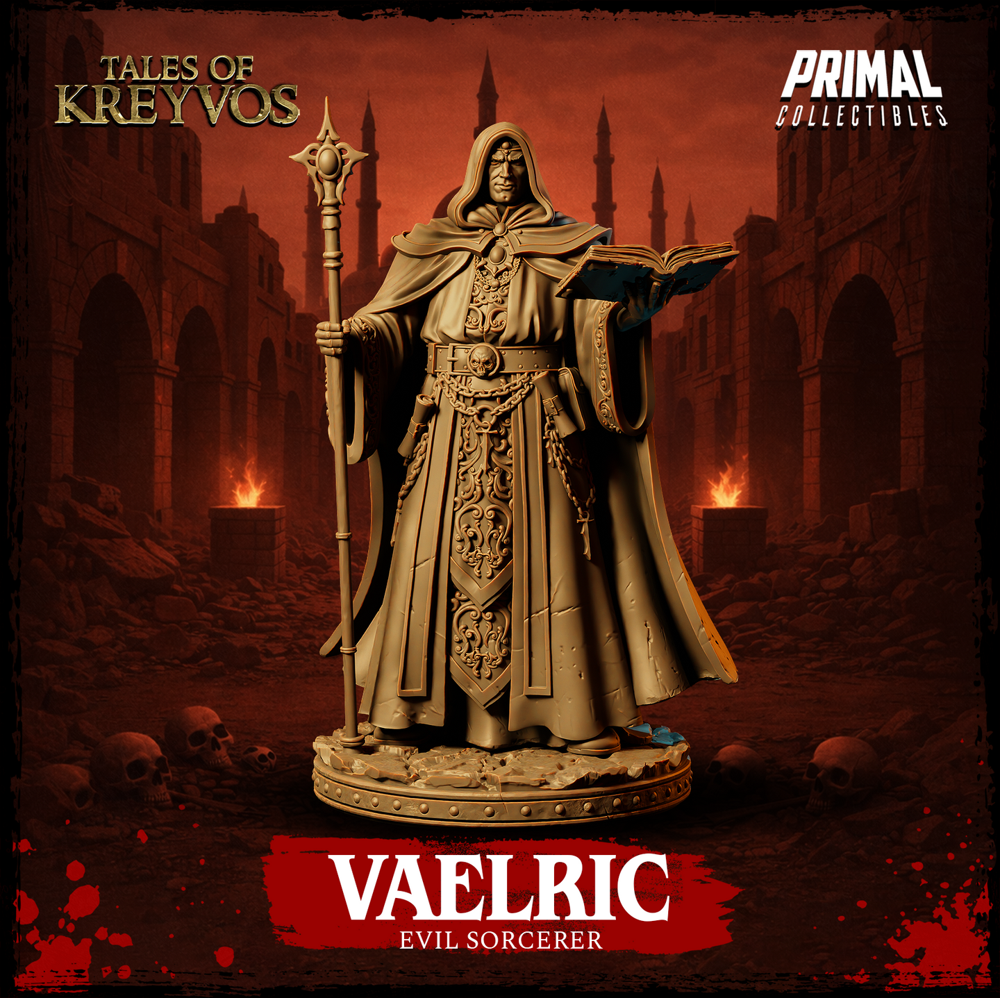 Vaelric Evil Sorcerer miniature facing forward, holding an ornate cross-topped staff in one hand and an open tome in the other, wearing heavily detailed robes with an embossed chest panel and skull belt buckle. Sculpt by Primal Collectibles.