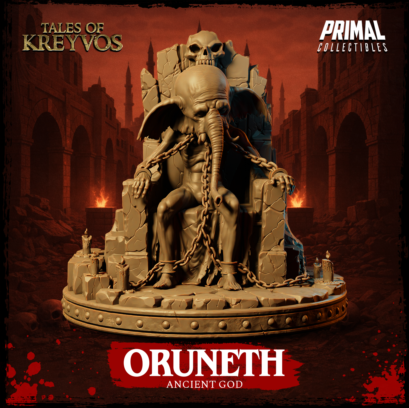 Oruneth Ancient God miniature by Primal Collectibles — skeletal elephant-headed deity seated on a cracked stone throne, heavy chains draped across its gaunt torso, candles scattered at the base, skull mounted on the throne back.