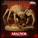Aracnor giant spider sculpt by Primal Collectibles, crouched over a skull-and-rubble base, eight spined legs spread wide, fangs bared and compound eyes forward-facing.