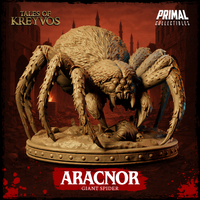 Aracnor giant spider sculpt by Primal Collectibles, crouched over a skull-and-rubble base, eight spined legs spread wide, fangs bared and compound eyes forward-facing.